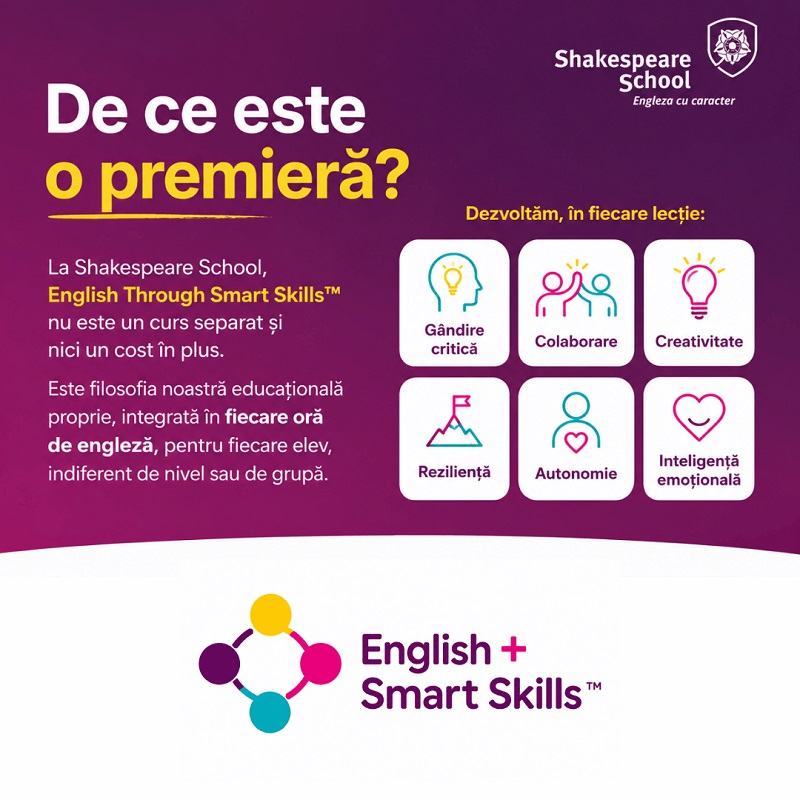 PREMIERA NATIONALA: English + Smart Skills™. Shakespeare School redefineste felul in care copiii si adolescentii invata limba engleza