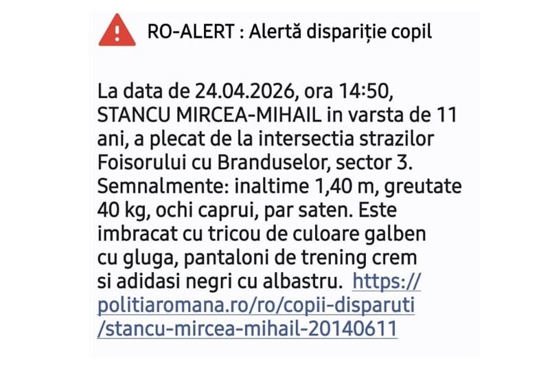 RO-ALERT emis in Bucuresti: copil de 11 ani disparut in Sectorul 3