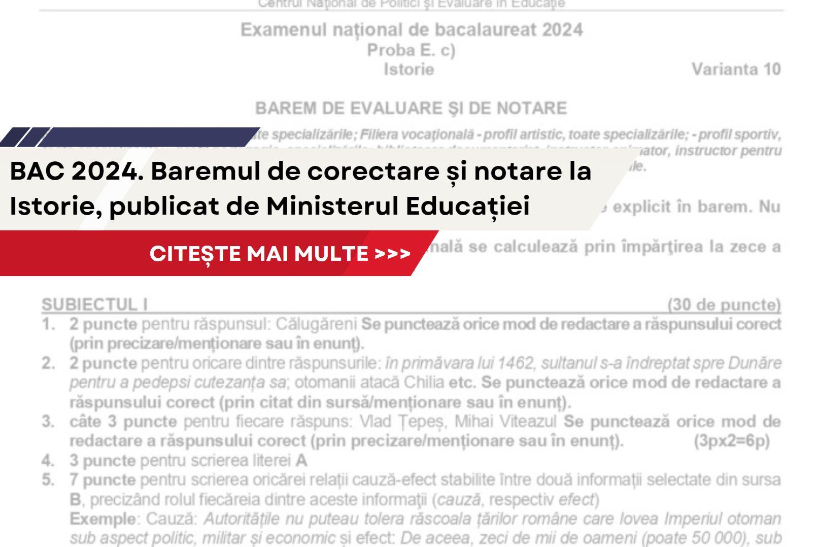 BAC 2024. Baremul de corectare si notare la Istorie, publicat de Ministerul Educatiei