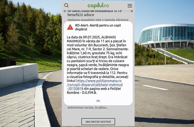 RO-Alert emis pentru un copil de 11 ani dat disparut