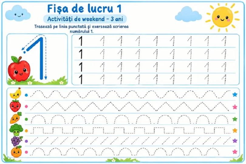 Activitati de desen la 3 ani: fise de colorat, trasat si urmarit linii pentru dezvoltarea copilului
