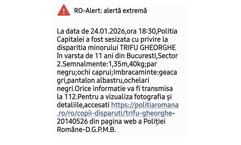 Alerta RO-ALERT: Minor de 11 ani disparut in Sector 2, Bucuresti