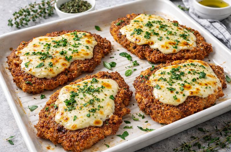 Snitel extra crocant cu carne de vita si mozzarella la cuptor – reteta rapida pentru cina de 4 persoane
