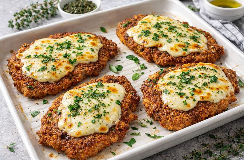 Snitel extra crocant cu carne de vita si mozzarella la cuptor – reteta rapida pentru cina de 4 persoane