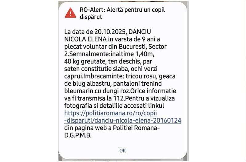 Mesaj RO-Alert 20 octombrie 2025: Fetita de 9 ani disparuta din Sector 2, Bucuresti