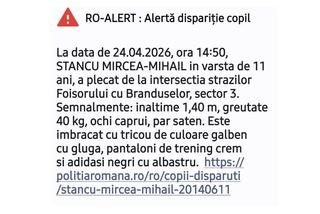 RO-ALERT emis in Bucuresti: copil de 11 ani disparut in Sectorul 3