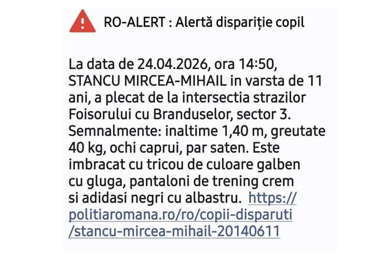 RO-ALERT emis in Bucuresti: copil de 11 ani disparut in Sectorul 3