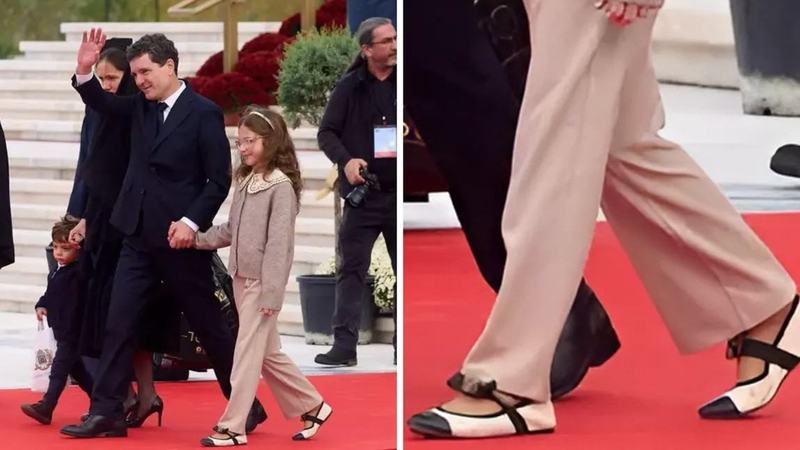Cat au costat pantofii purtati de Aheea, fiica lui Nicusor Dan, la slujba de sfintire a Catedralei Naționale. Sunt de la un brand romanesc celebru